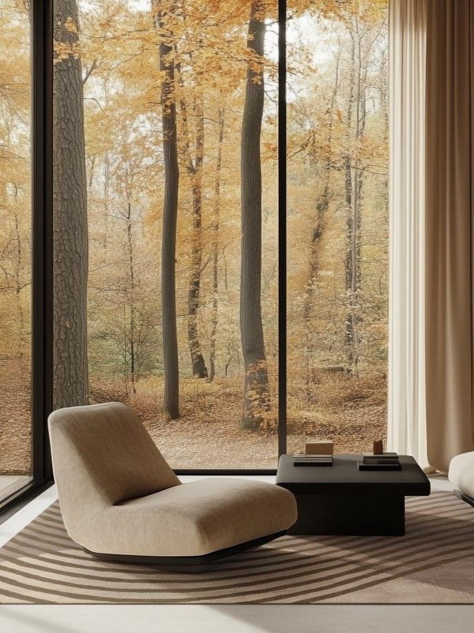 Beżowo-brązowy dywan nowoczesny w salonie z dużymi oknami i widokiem na jesienny las