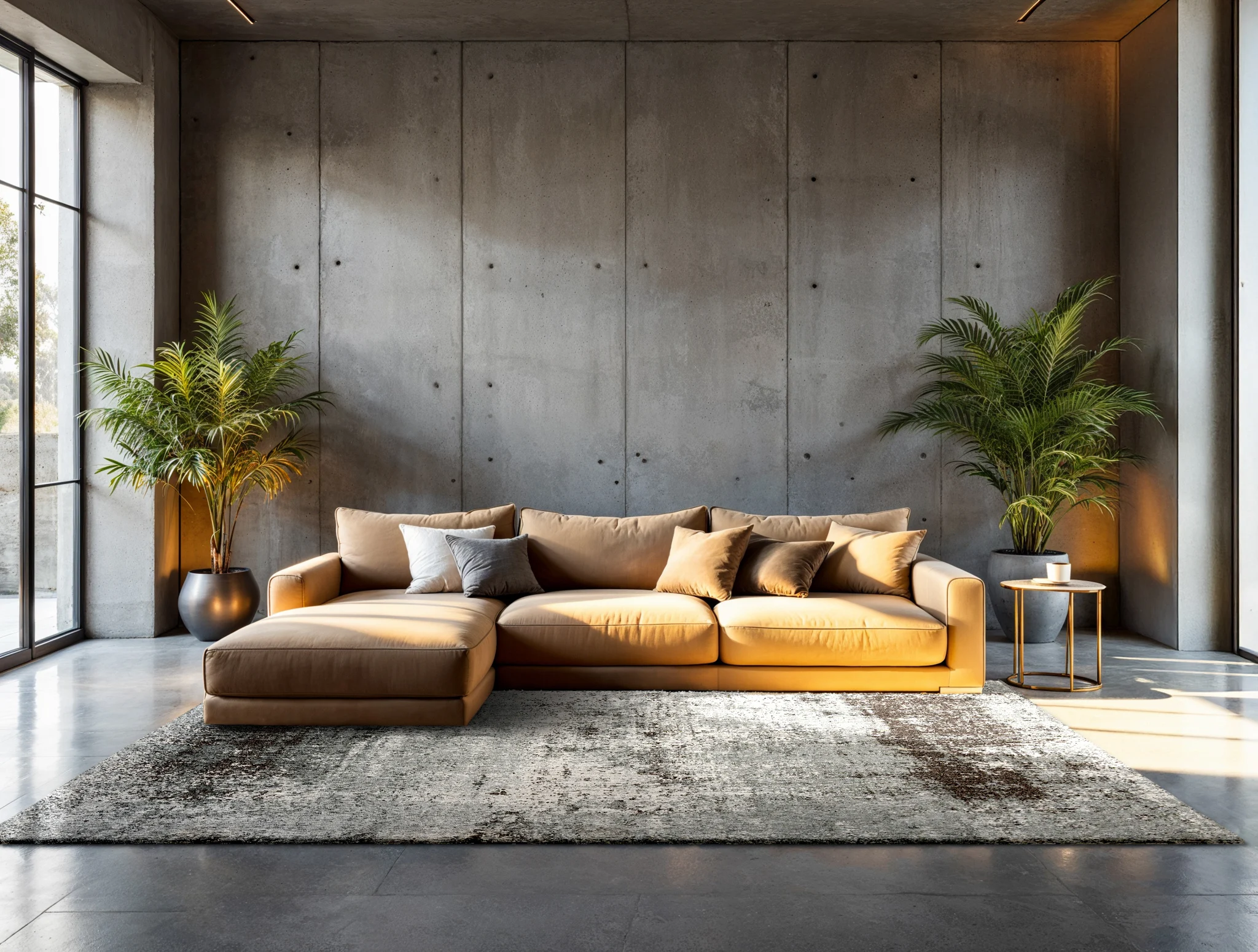 Nowoczesny dywan w odcieniach szarości w salonie z betonową ścianą i musztardową sofą