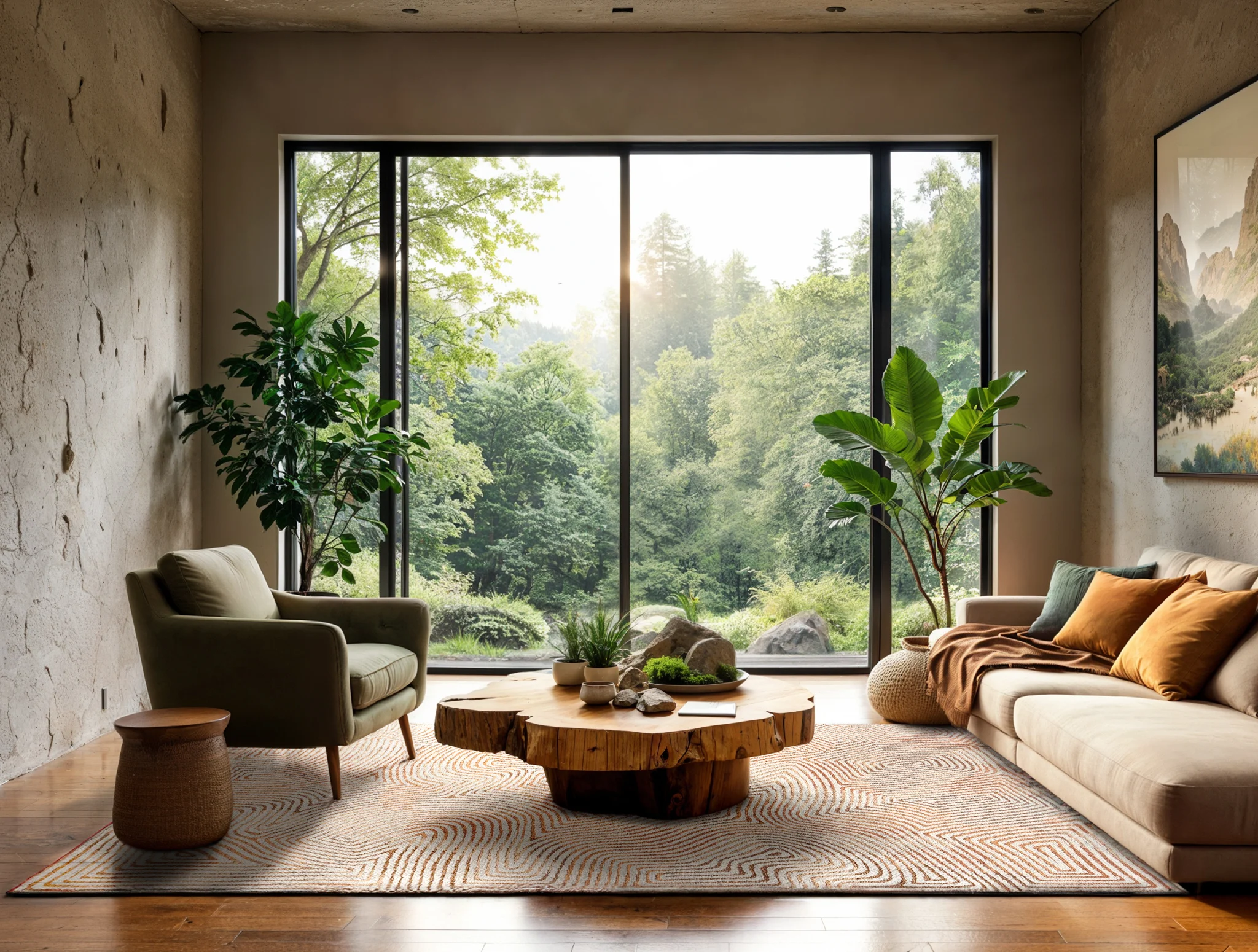 Jasny dywan nowoczesny z geometrycznym wzorem w przestronnym salonie z widokiem na zieleń