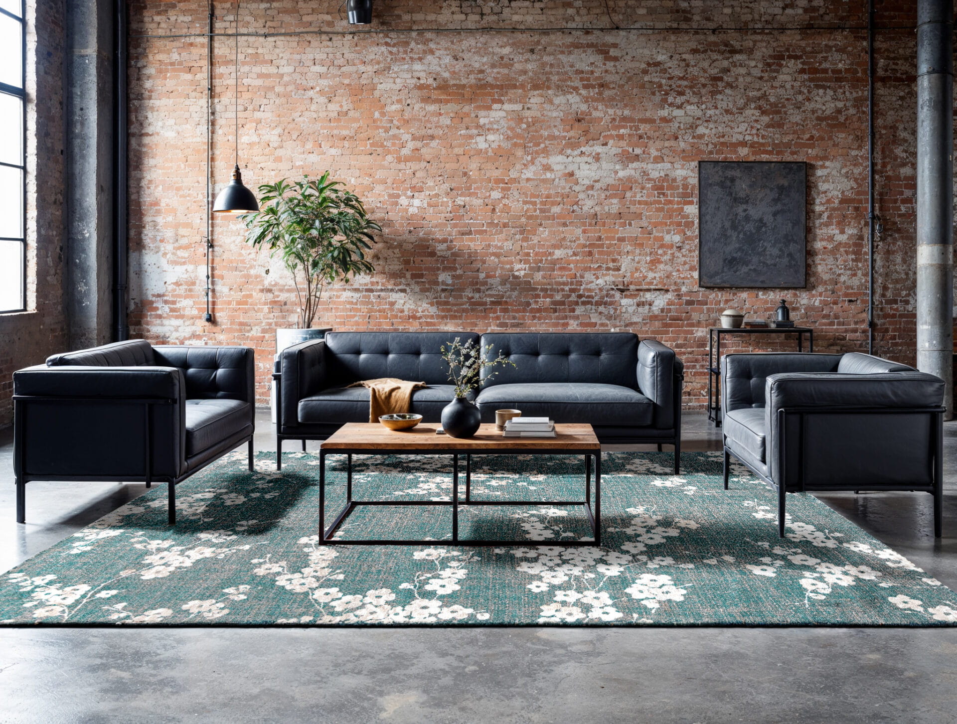 Morski nowoczesny dywan z motywem kwiatowym w loftowym salonie z ceglanymi ścianami